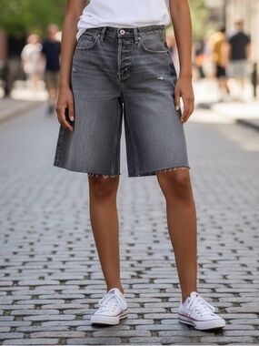 Etica Grey Brandy Long Short High-Rise Denim Bermuda Shorts Size 25 EUC